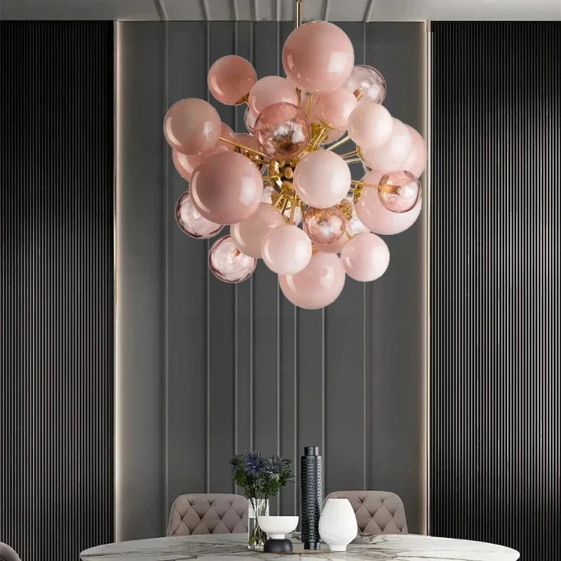 Pink Bubbles Art Glass Chandelier, Modern LED Pendant Light, European Blown Glass, Ceiling Lighting for Villa Foyer, Living Room