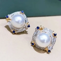 Huitan Gorgeous Women's Imitation Pearl Stud Earrings with Brilliant Blue/White CZ Novel Two Tone Luxury Trendy Wedding Jewelry