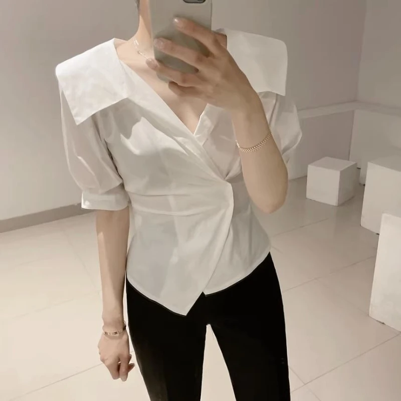 

Women's Korean Summer French Style Lapel Collar Asymmetric Button Waist Tied Slimming Solid Color Puff Sleeve Chiffon Blouse