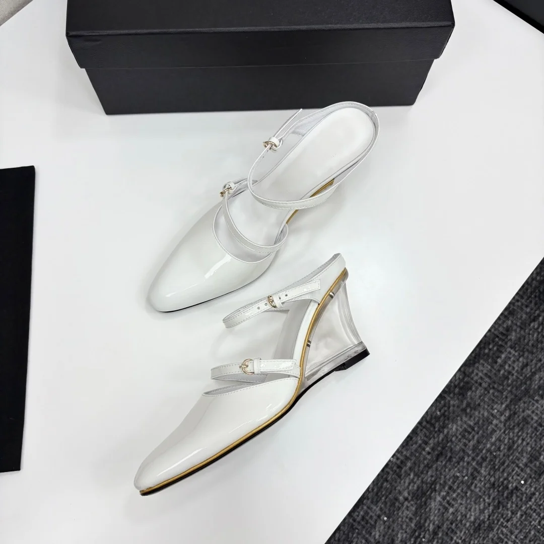 2026 High Quality Summer women shoes patent leather double buckle strap clear wedge heel backless footwear ch24042538