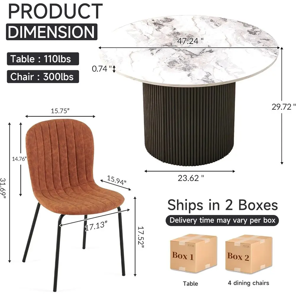 5 Piece Round Dining Table Set or 4, Century ern aux Marble Kitchen Table and Chairs, Space-Saving Small Dinette Set (47 Inch Wh