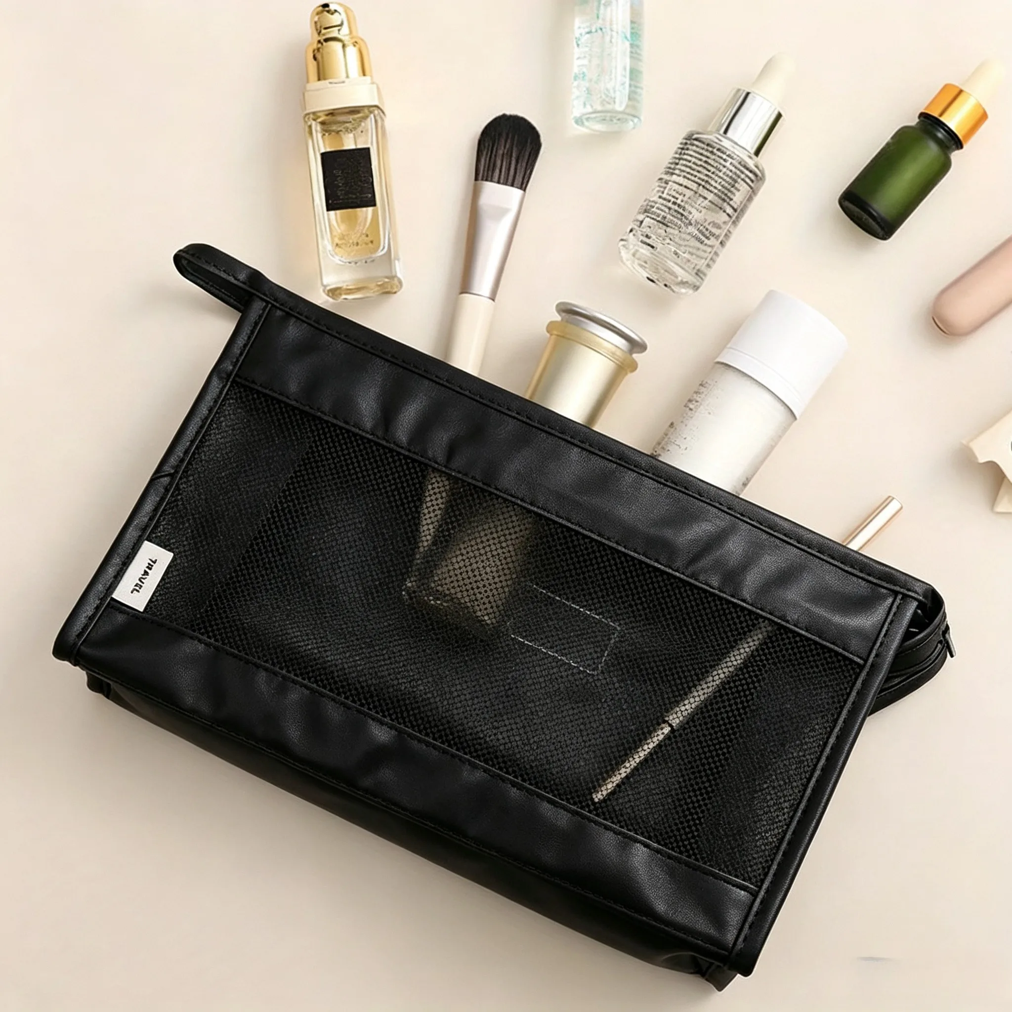 Women Transparent Mesh Travel Makeup Bag, Portable Large Capacity Toiletry Storage Pouch for Lipstick Phone Outdoor