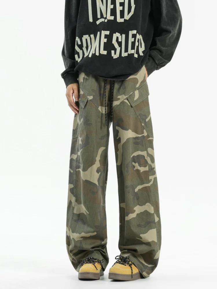 

American High Street Style Camouflage Workwear Jeans Men's Spring Autumn Straight Leg Wide Leg Pants Floor-Length Trousers