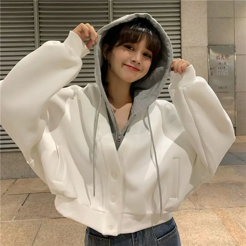 Fake Two Piece Cropped Hoodie V Neck Button Cardigan Contrast Drawstring Hood Drop Shoulder Layered Sweatshirt