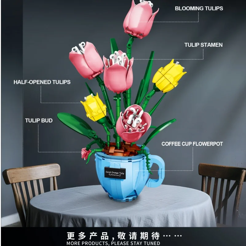 Tulip Bouquet Building Blocks Flower Eternal Flower Coffee Cup Vase Model Home Decor Kids DIY Toys Girls Mother Romantic Gifts