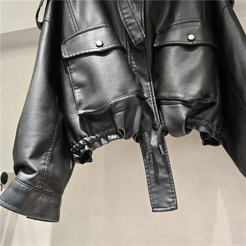 Chaqueta de piel sintética negra de alta calidad con cuello levantado y bolsillo grande holgado con cremallera de manga larga para otoño chaqueta de motociclista para mujer Streetwe