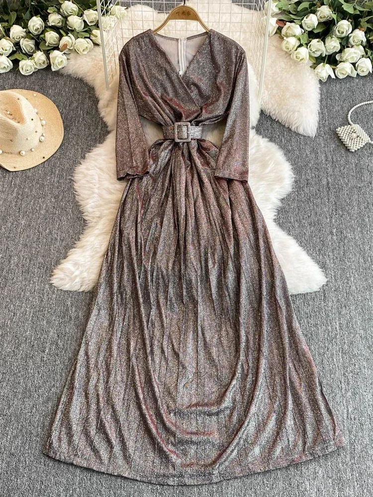 Foamlina Vintage Long Sleeve Evening Dress for Women Banquet V-neck Waist Show Thin Silk Big Swing Party Dresses autumn image 3