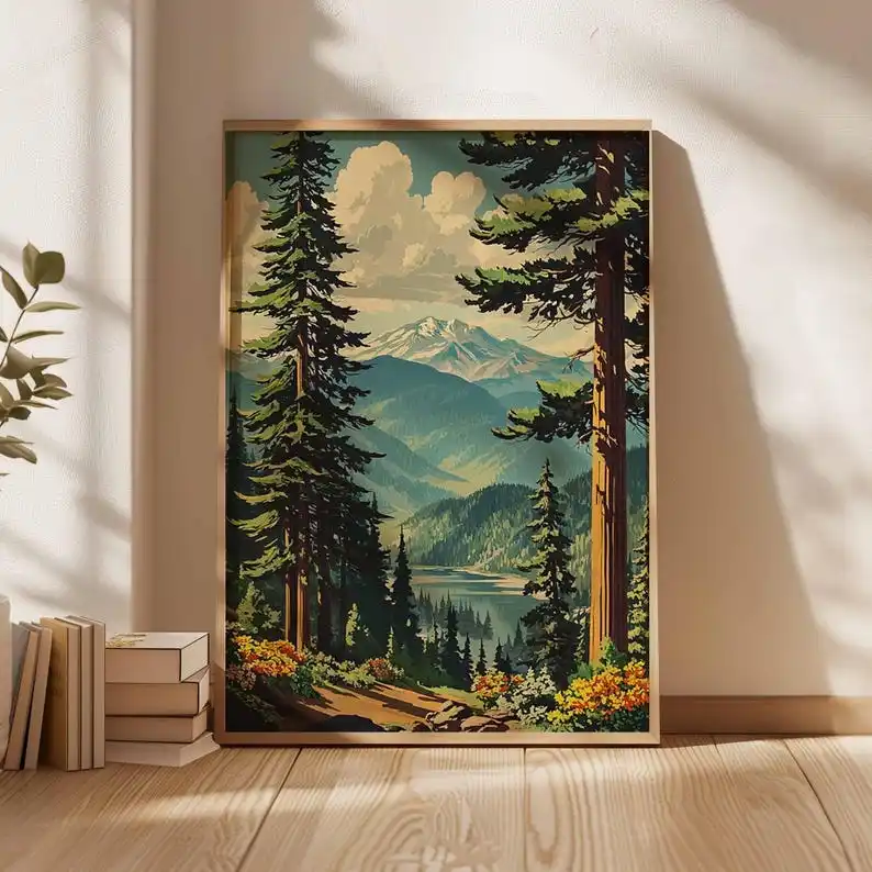 1pc Retro Mountain Forest Canvas Wall Art Poster, Unframed Nature Landscape Poster Prints for Living Room and Bedroom Decortions