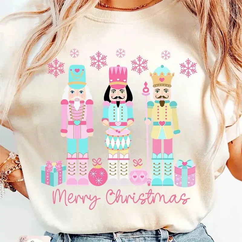 

Christmas T Shirts Pink Winter Christmas Nutcracker Soldier T-shirt Fashion Casual Blouse Printed Round Neck Short Sleeve Unisex