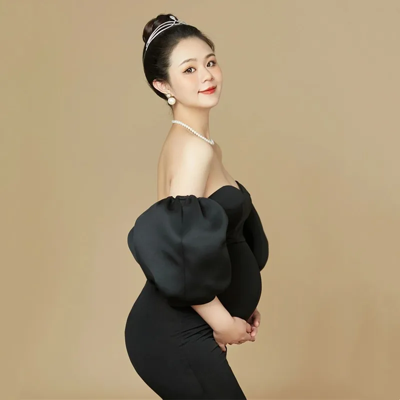 Black Puff Sleeves Maternity Photography Props Dresses Pregnant Woman Photo Shoot Outfit Long Dresses Baby Shower Party Dress