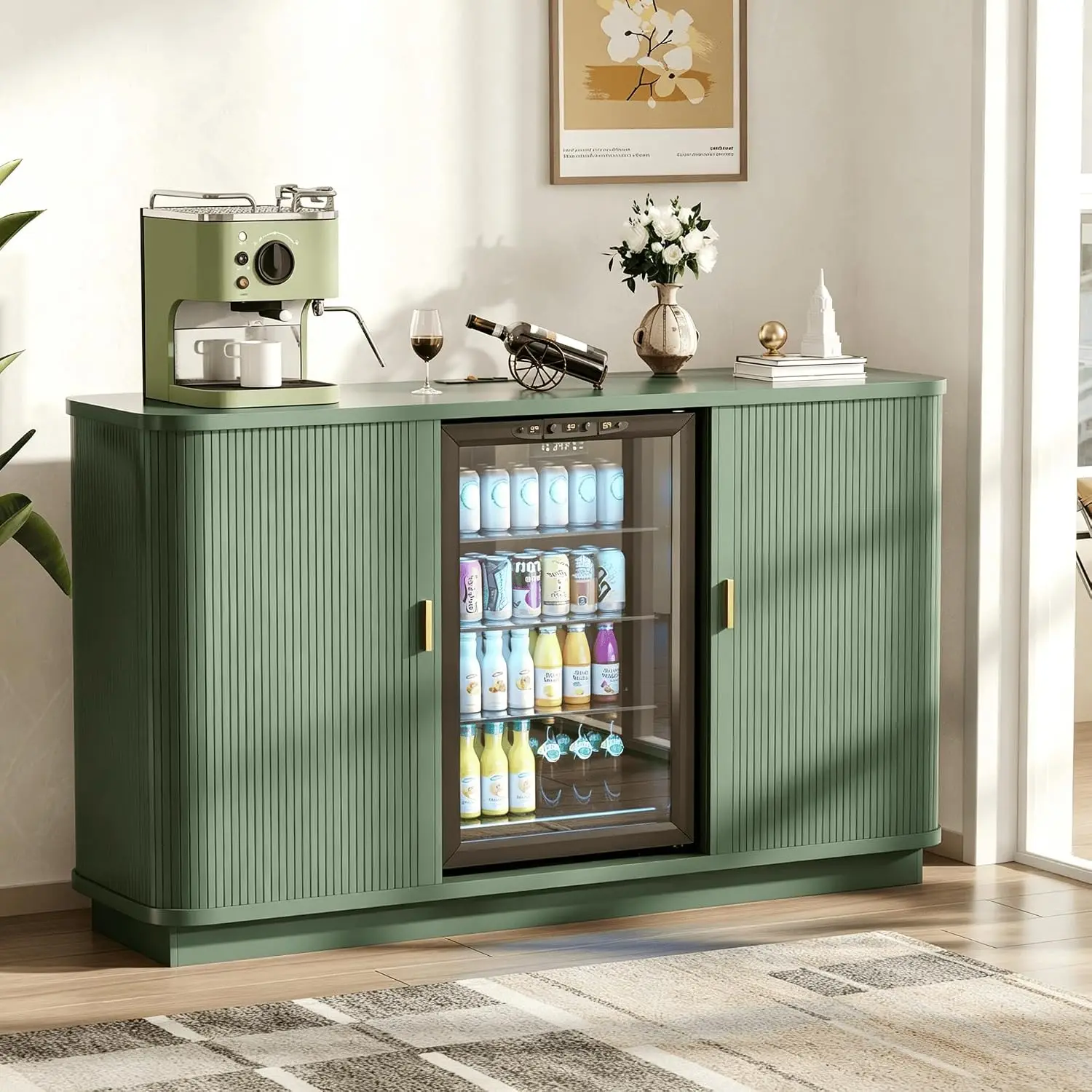Coffee Bar Cabinet with Fridge Space Wine Rack Glass Holder Fluted Buffet Sideboard Living Room Kitchen, Customized