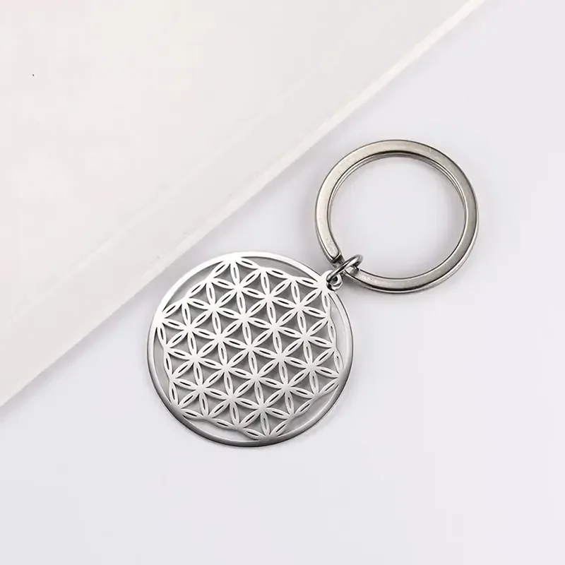 Stainless Steel Hollow Flower Of Life Pendant Keychain Key Chain Ancient Egyptian Mystical Jewelry