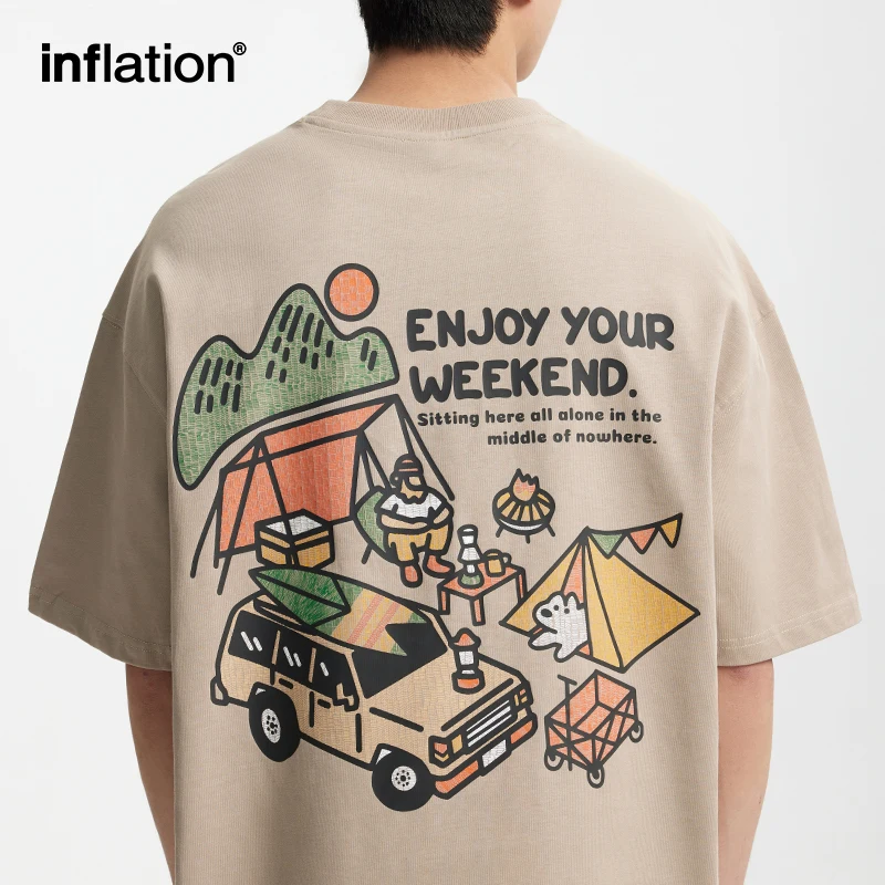 

INFLATION Men's Heavyweight Printed T-Shirt Mountain Series Outdoor Camping Loose-Fit 100% Cotton Short Sleeve