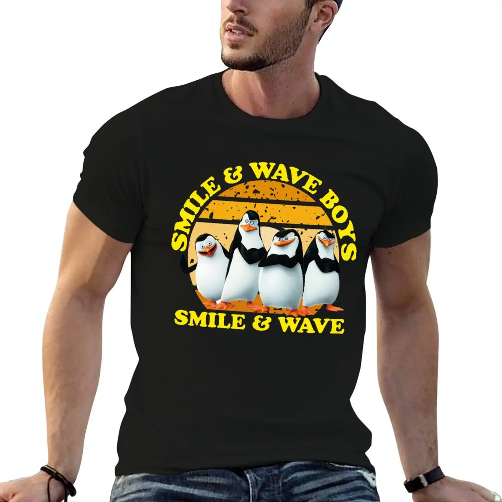 

Madagascar Penguins Smile And Wave Sunset Text Poster V8 T-Shirt man t shirt cotton high quality T-Shirt