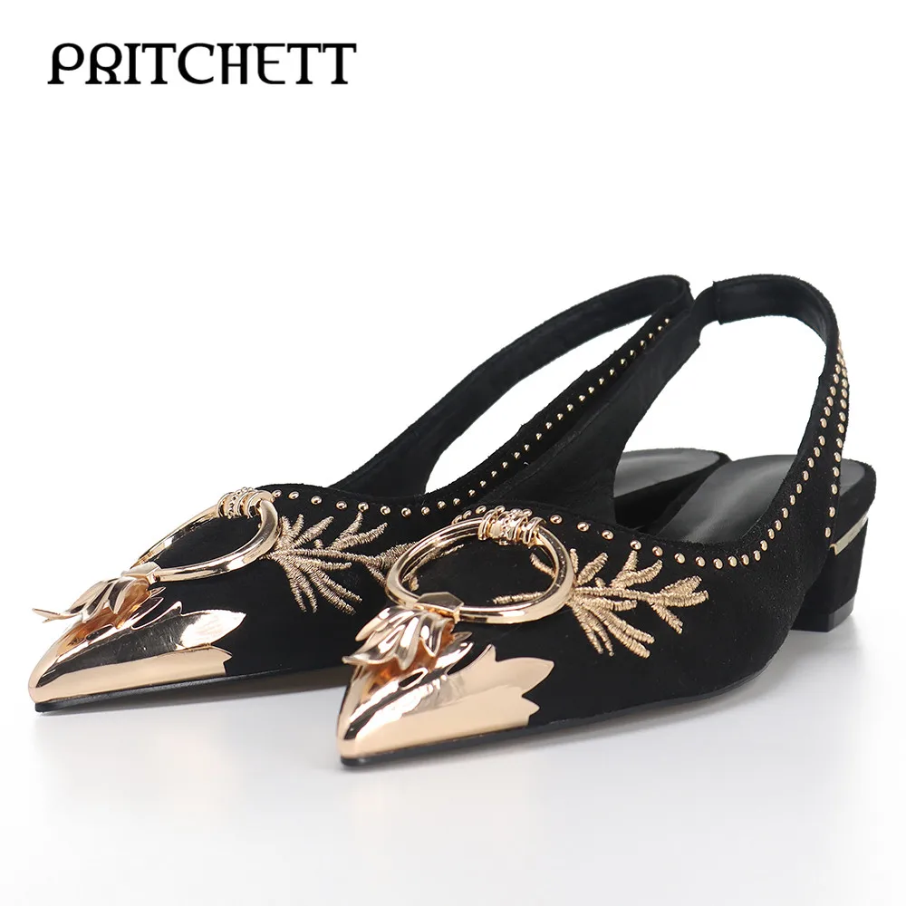 Metal Round Buckle Decorative Sandals Gold Thread Embroidery Rivets Pointed Toe Square Root Sandals Fashionable Women's Shoes