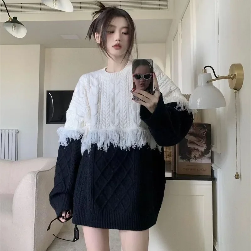 Knitted Twist Loose Pullovers Women Long Autumn Winter Slouchy Tassel New Design O-neck Panelled Ulzzang All-match Female Mujer