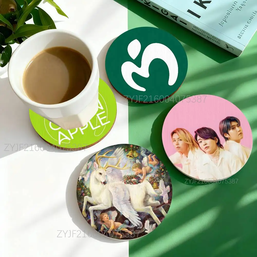 

M-Mrs Green Apple Band Round Wooden Coasters For Design Suitable for Drinks Tea,Coffee Home Perfect Gift Holidays