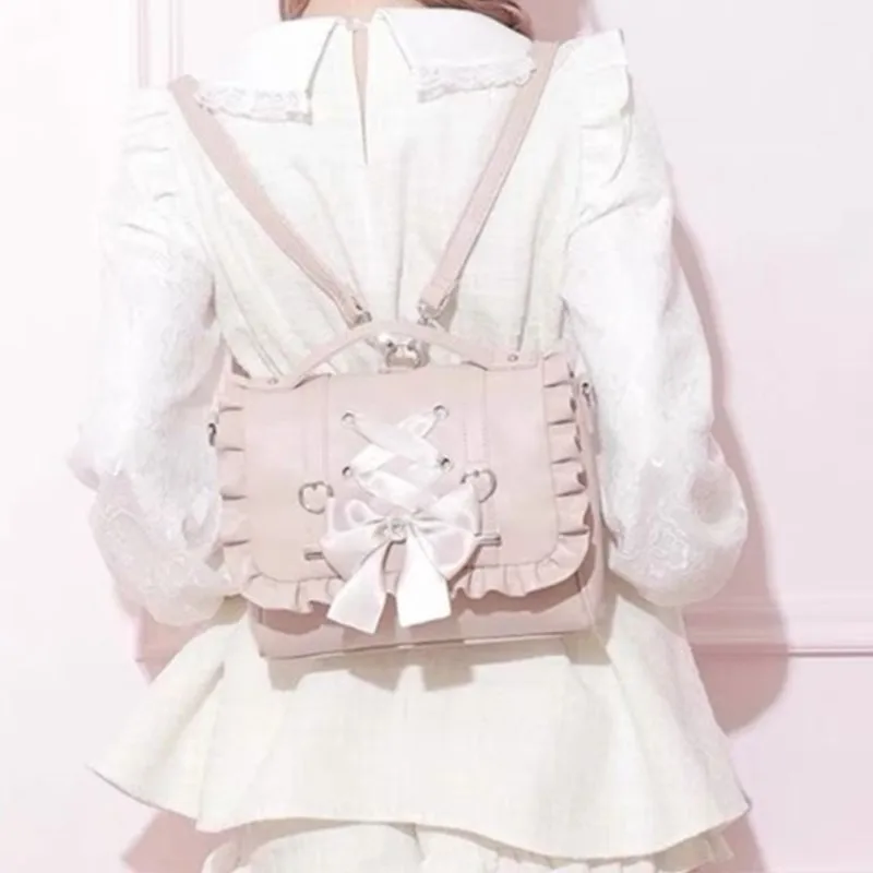 

2025 Sweet Bow Pink Mochila Women Fairyocre Aesthetic Handle Leather Crossbody Bags Ladies Lolita Large Capacity Square Mochilas
