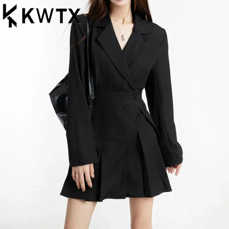 

KWTX Black Blazer Dress Waist-tied Pleated A-line Mini Skirt Asymmetric Hem Chic Retro Elegant Spring Summer Y2K Vintage Luxury