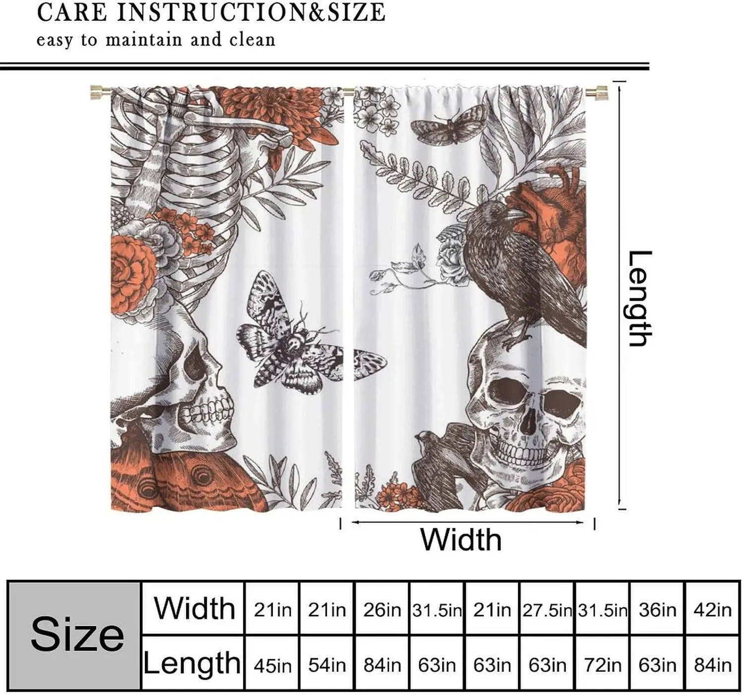 Gothic Skeleton Butterfly Skull Bones Botanical Pattern Window Curtain Vintage Victorian Macabre Art Deco Living Room Decor Drap