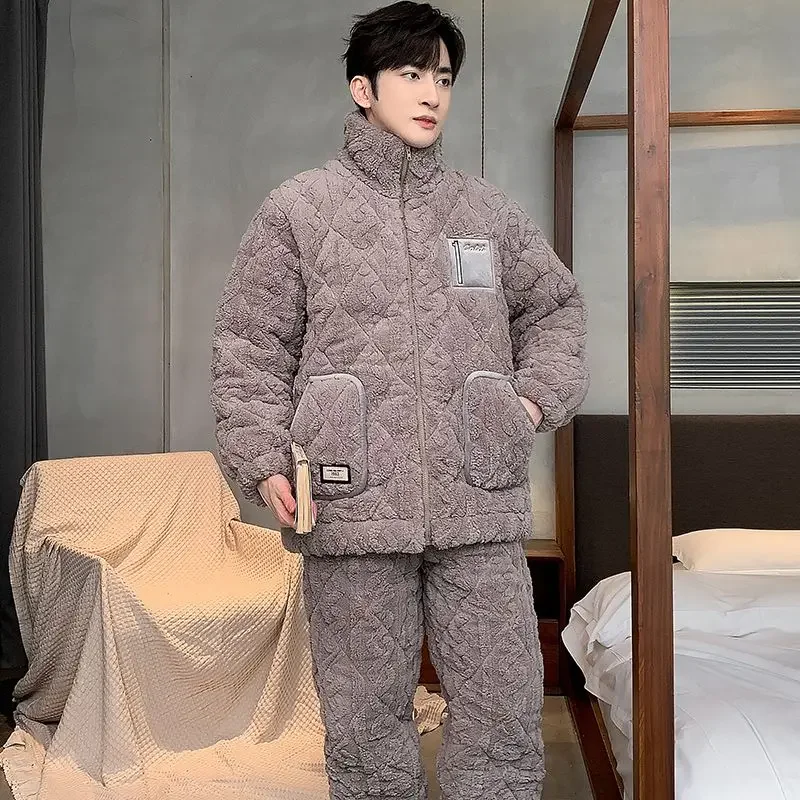 Special Thickened Teenage Pajamas Men Winter Three Layer Cotton Flannel Warm Home Suit Set Super Thick Cotton Winter Comfort