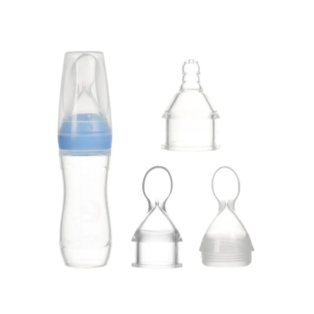 

3pcs Silica Gel Baby Feeding Bottle Lightweight Portable Nursing Bottle Ergonomic Spoon Easy Clean Travel Use Blue