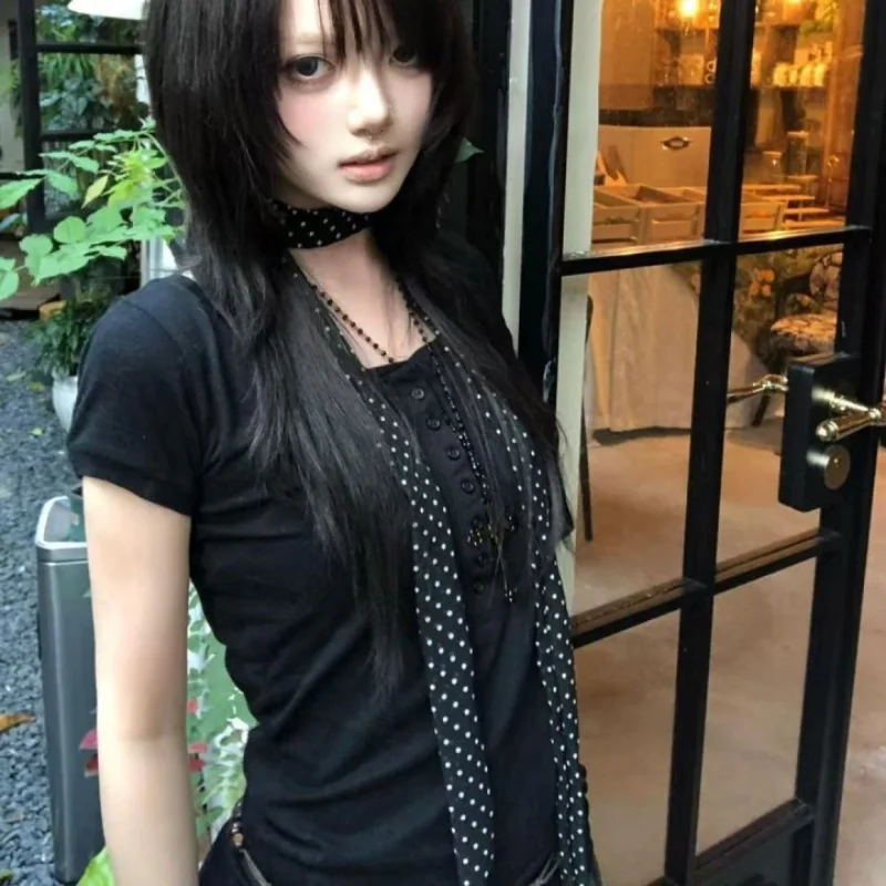 

American retro trend spicy girl slim fit round neck top Y2K Japanese Harajuku Millennium style Gothic women's top summer