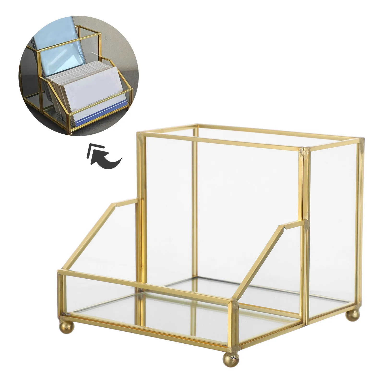Business Card Box Name Card Organizer Elegant Golden Edge Vertical Desktop Stand Display Holder Office Storage
