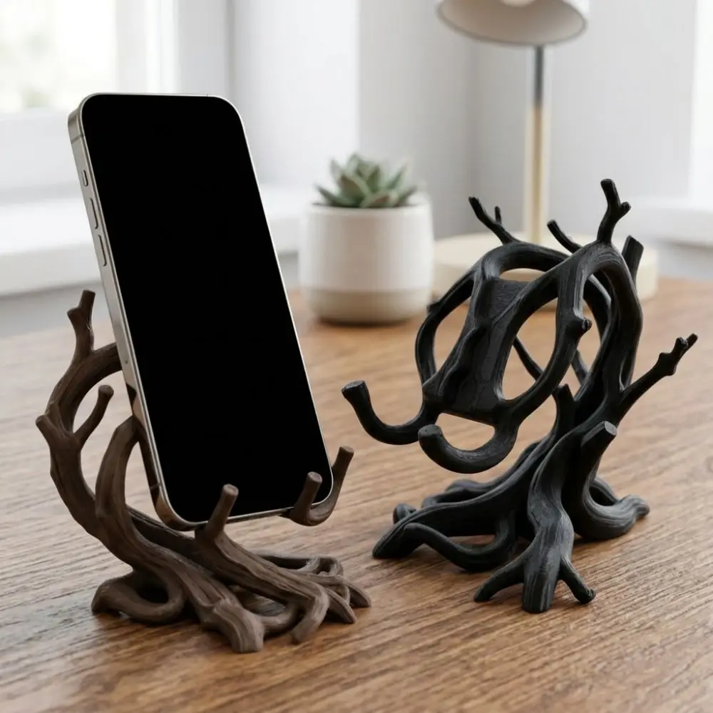 3D Printed Tree Root Phone Stand Curved Branch Minimalist Desk Phone Holder Decorative Base Nature Inspired Photo Card Holder