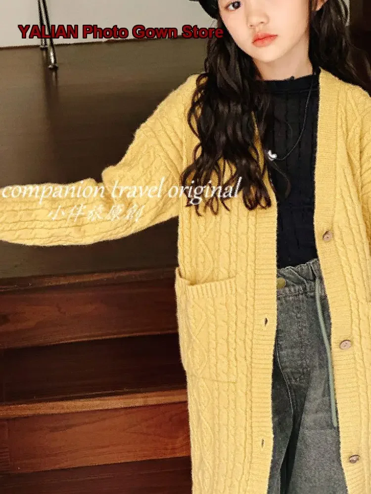 Girls Long Autumn Winter 2023 Thickened Knit Coat Solid Color Top Baby Girl Fall Wear Kids