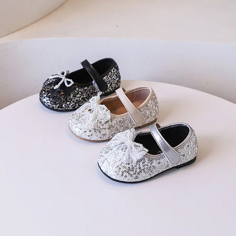 Girls Leather Shoes Sweet Sequins Princess Children's Flats Bowknot Wedding Party Kids Fashion Causal Ballet Shoes Spring Autumn