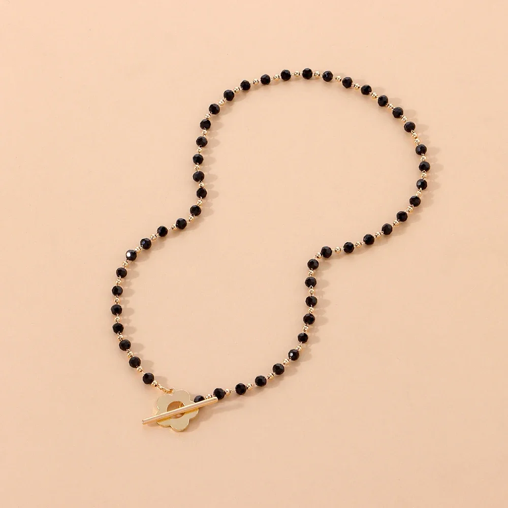 2023 New Fashion Luxury Black Crystal Glass Bead Chain Choker Necklace For Women Flower Lariat Lock Collar Necklace Gifts A0413