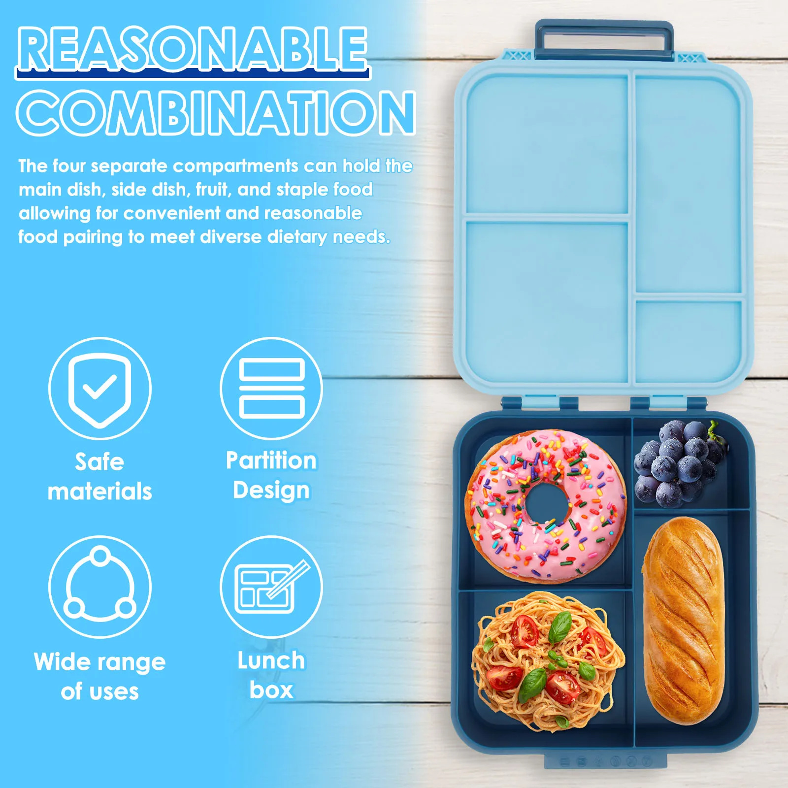 صندوق غداء مكون من أربع حجرات من الفولاذ المقاوم للصدأ، صندوق غداء خارجي مع سكين وعاء الحساء وشوكة مناسبة للأطفال والطلاب