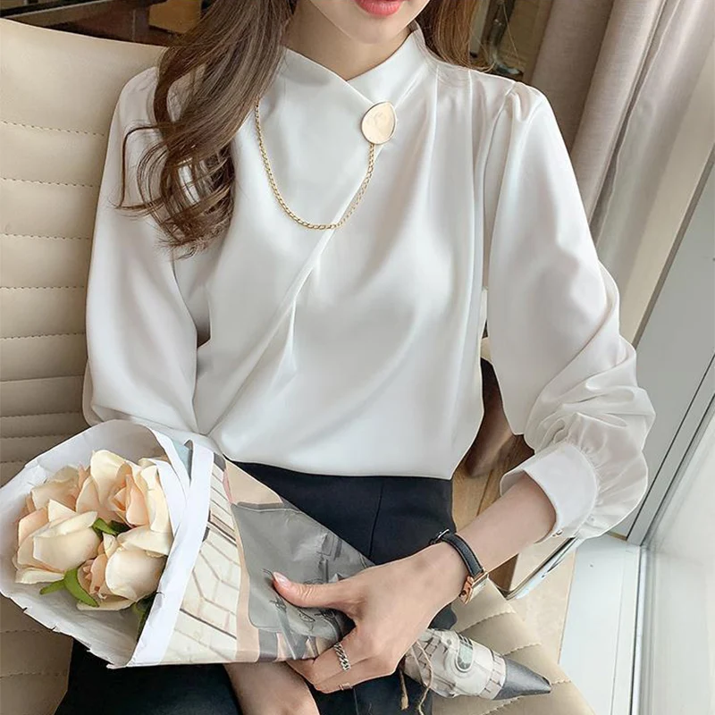 Einfarbig Elegante Langarm Arbeit Tragen Hemd Frauen Mode Unregelmäßige Ästhetische Oansatz Shirts Neue Temperament Ol Formale Hemd