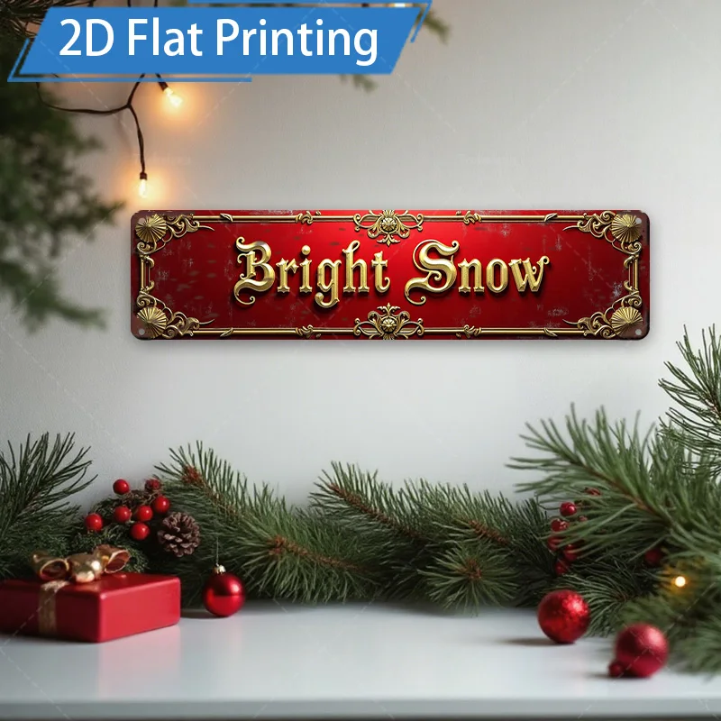 [2D FLAT] علامة معدنية قطعة واحدة، 8 × 12 بوصة عيد الميلاد الذهب الأحمر "الثلج الساطع" علامة معدنية ديكور