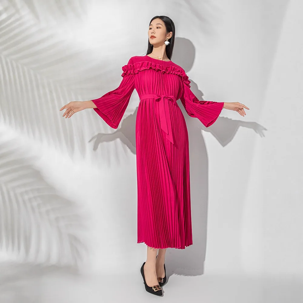 

Miyake Pleated 2026 Temperament New Women Pleated Dress Waist Tie Disk Flower Seven-minute Sleeve Set Head Long Skirt Pleated