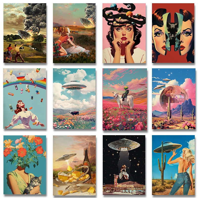 UFO الغريبة المشارك الرجعية ديسكو الكرة الصبار المشهد قماش اللوحة البقرة المشارك سريالية تريبي جدار ديكور فني للمنزل جدارية #1