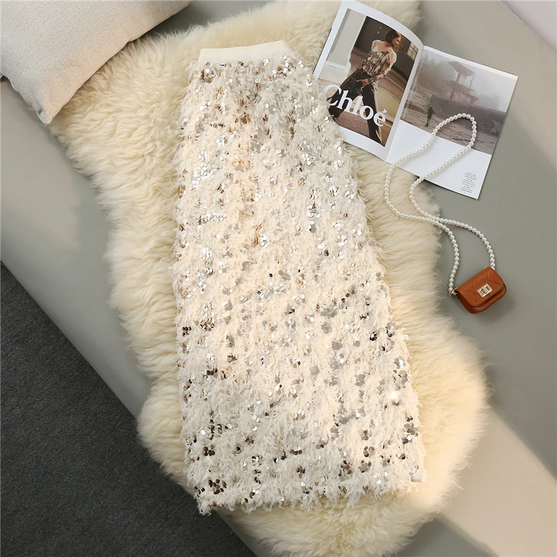 Autumn Winter Feather Sequin Skirt For Women Solid Color Straight American Fashion Elegant High Street Slit Tassel Skirts