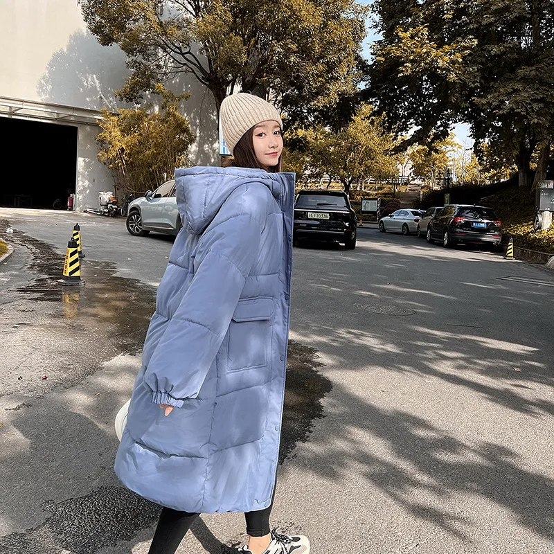 

2022 Autumn and Winter Long Over-the-knee Solid Color Cotton Coat Women's New Korean Version Loose Fashion Hooded Down Coat