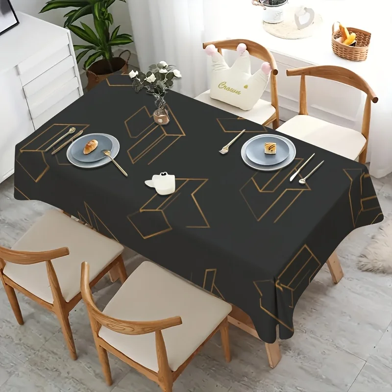 Black Gold Geometric Tablecloth, Dark Base With Golden 3D Line Print, Rectangular Table Cover for Dining Kitchen Home Decor
