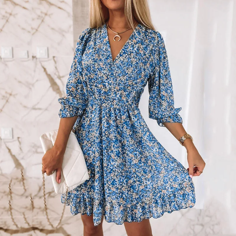 2024 New Women's Knee-Length V-Neck Midi-Length Skirt Waist Pullover Bohemian Print Short-Sleeve Floral Comfortable Dress