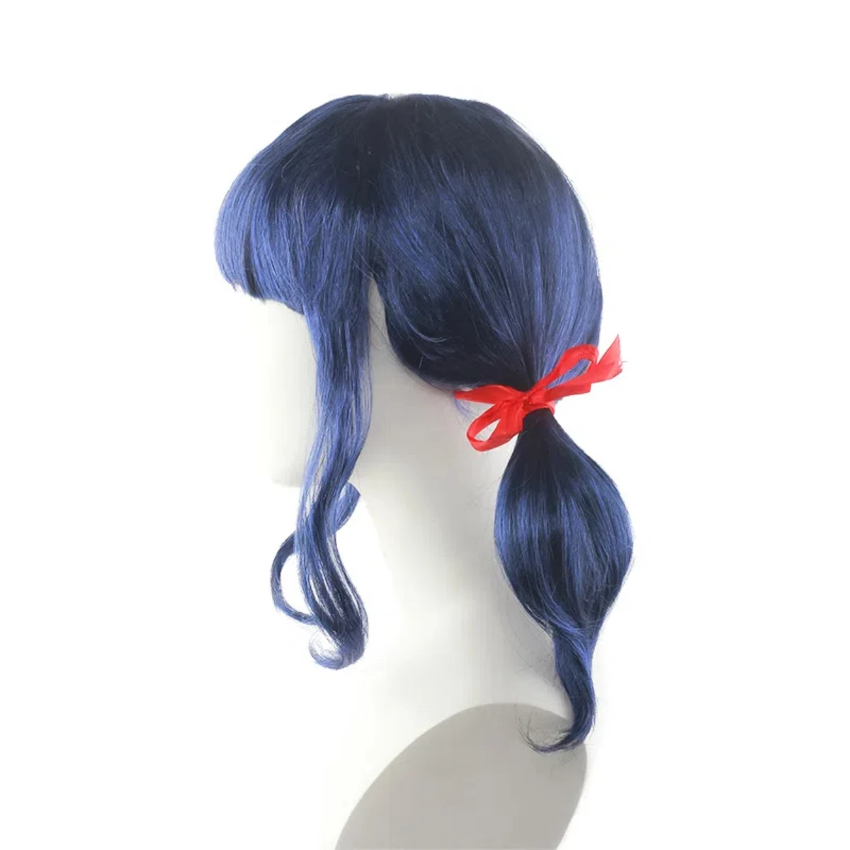 Sweet and Cute Blue Twin-Tail Synthetic Wig, Blunt Bangs with Red Ribbon Bows Twin-Tail Style, Suitable for Cosplay
