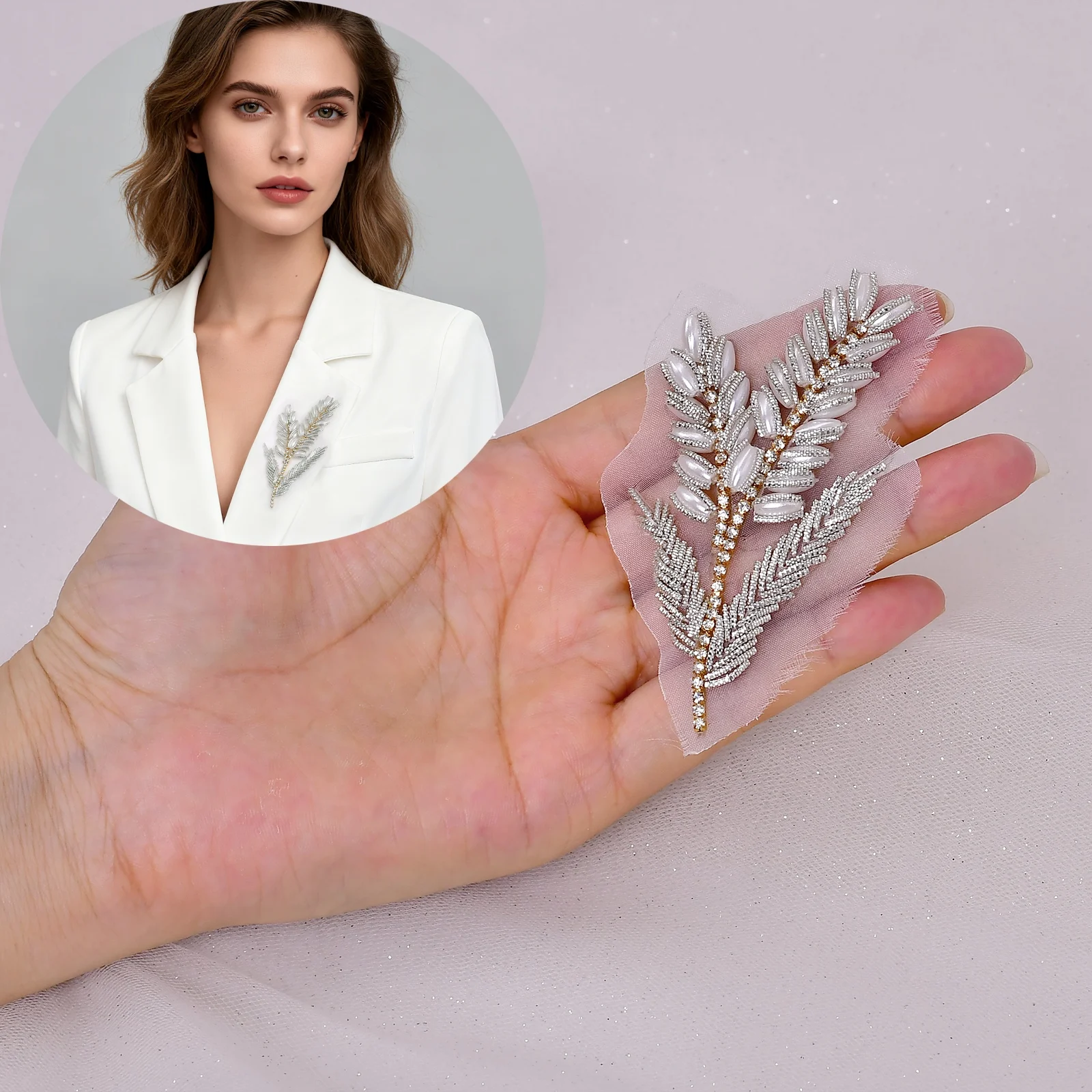 زين اللؤلؤ المقلد على شكل ورقة مثالي لفساتين الزفاف وفساتين السهرة المصنوعة يدويًا رقعة الخياطة SP258