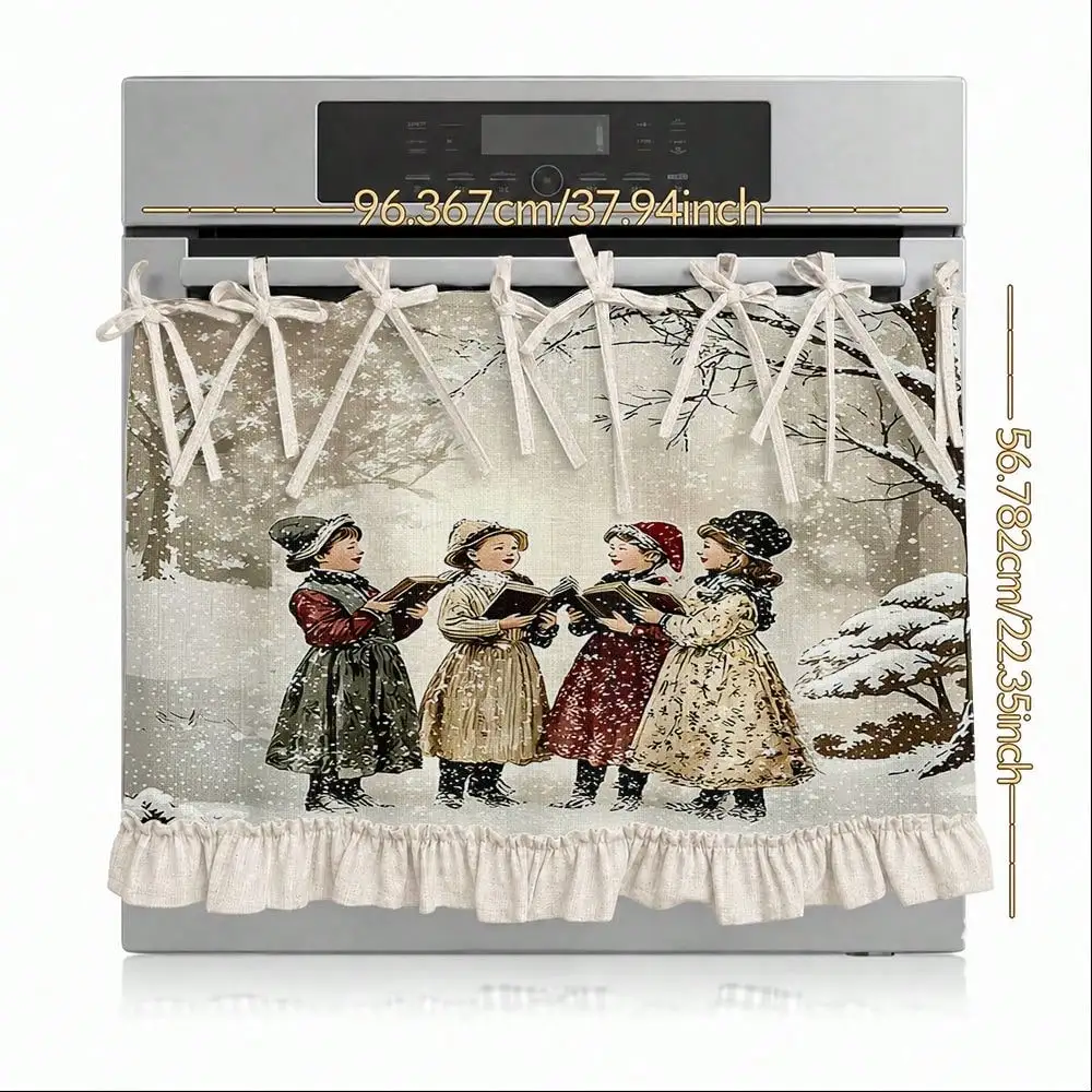 2D Vintage Winter Carolers Snow Scene Ruffled Tie Multifunctional Decorative Curtain, Suitable Kitchen Valance, Oven Cover, Washing, Dishwasher, Bathroom Window Treatment, And Kitchen Decor, Halloween Kitchen Apron