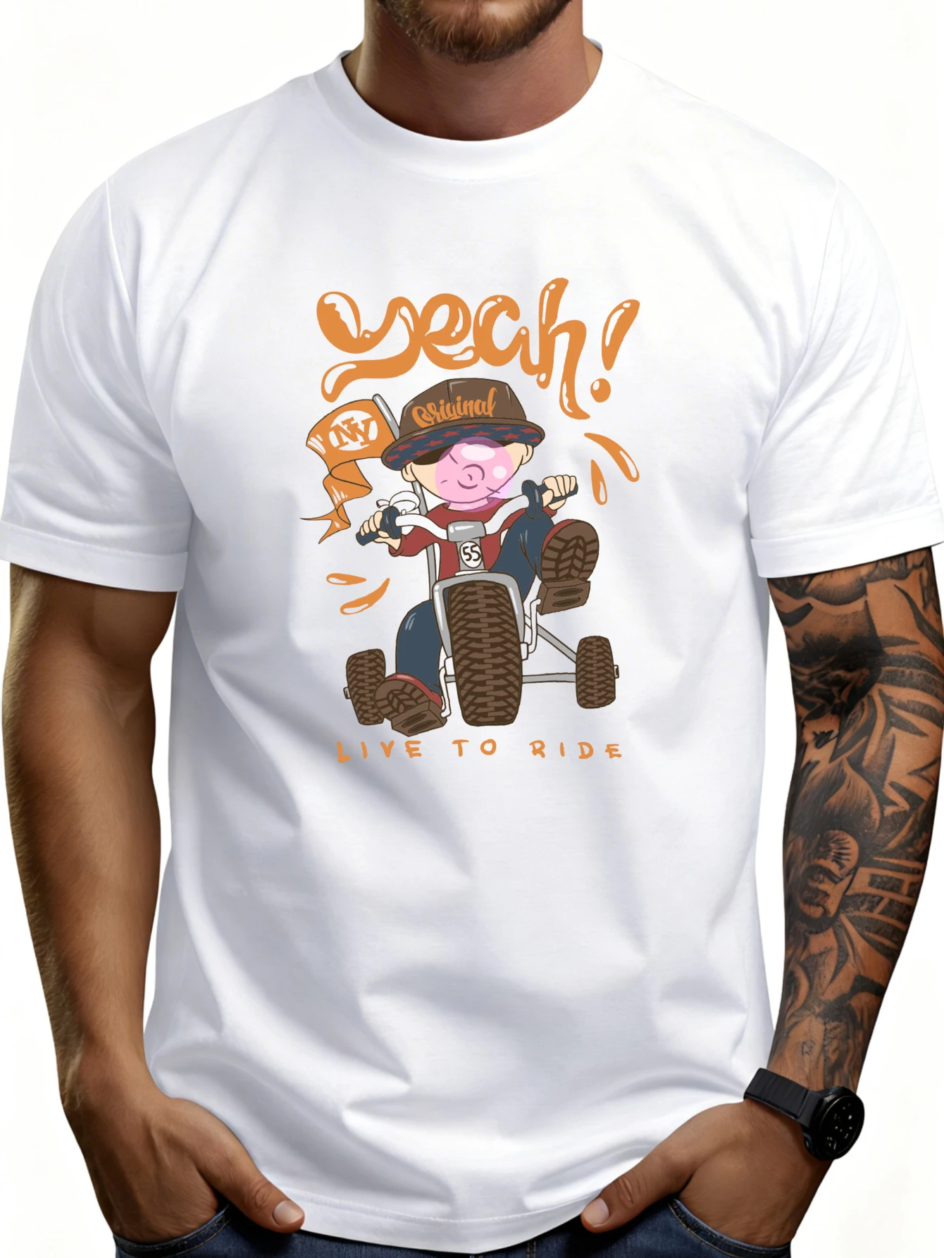 Casual Cartoon-Style Men's T-Shirt Featuring a Kart Racing Character and the Slogan 