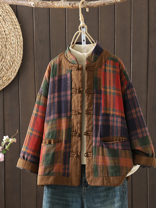 

Loose Casual Cotton Jacket Large Size Button up Stand Collar Chinese Style Women's Fashionable Winter Outerwear Coat
