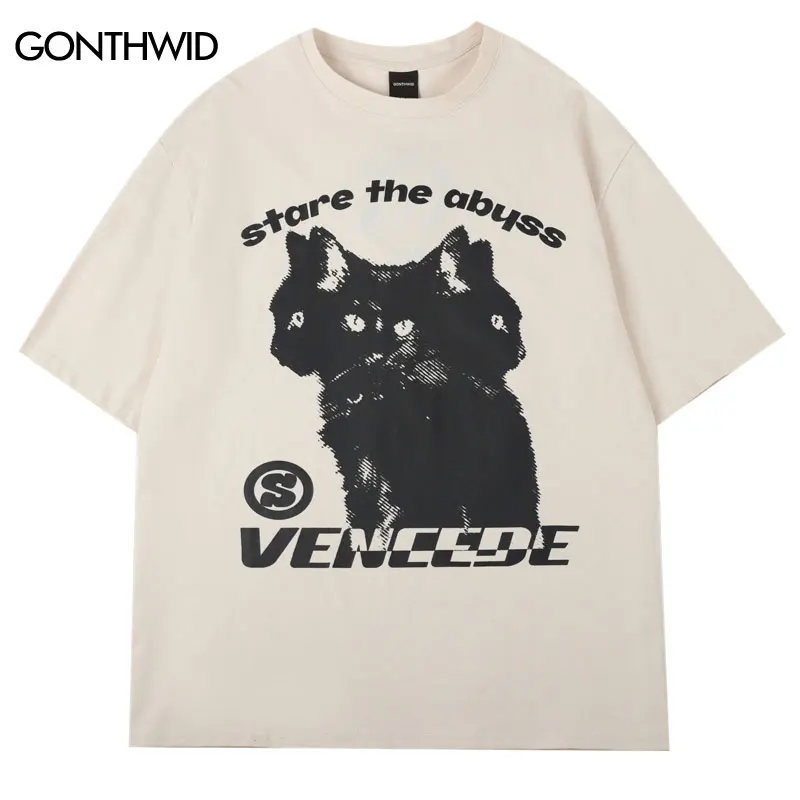 Men Hip Hop T-Shirt Y2K Streetwear Cat Print Punk Gothic Tshirt Harajuku Casual Loose Cotton Tee Shirts Summer Short Sleeve Tops