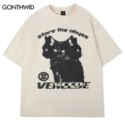 Men Hip Hop T-Shirt Y2K Streetwear Cat Print Punk Gothic Tshirt Harajuku Casual Loose Cotton Tee Shirts Summer Short Sleeve Tops