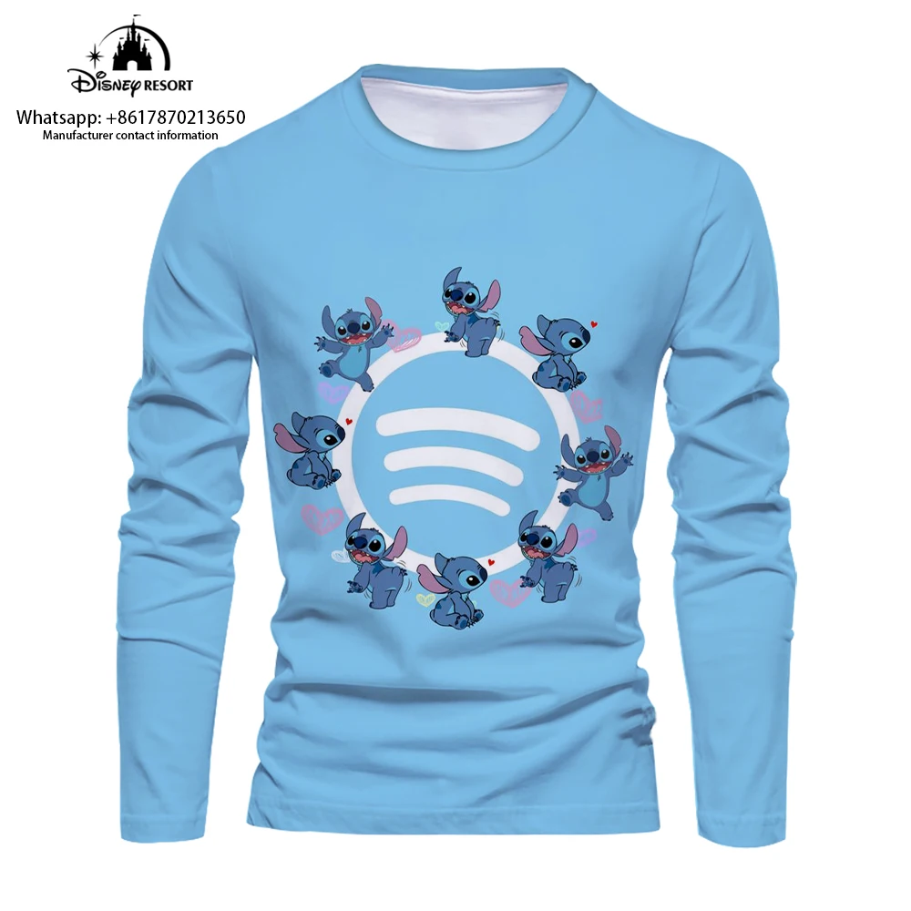 Cartoon 3D comfortable men's long-sleeved T-shirt 2024 new fashion casual men's bottoming shirt cute Stitch T-shirt