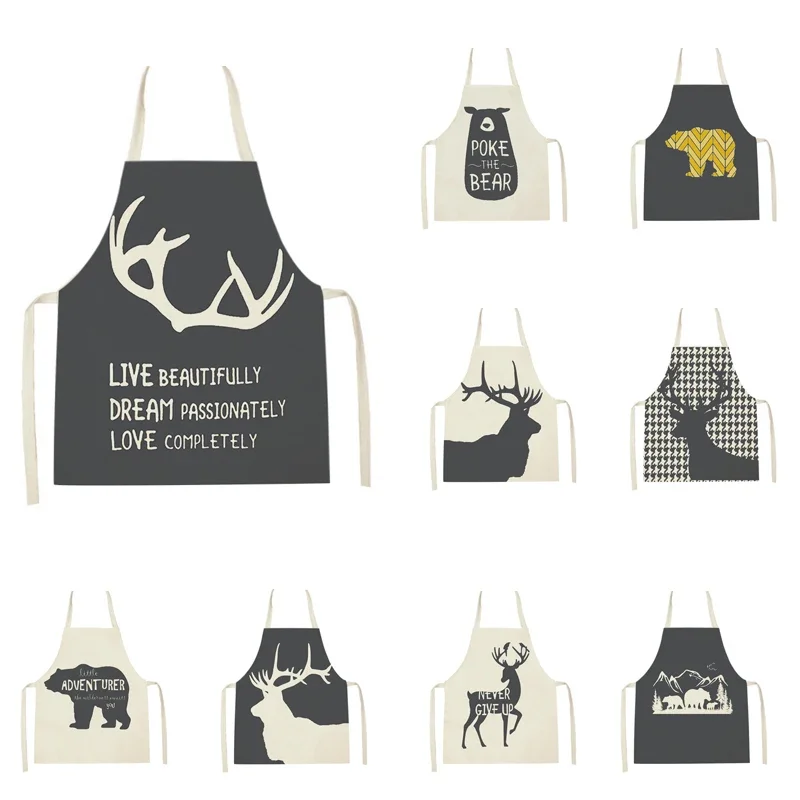Cartoon Animal Style Cooking Apron for Adult Kids Home Sleeveless Deer Polar Bear Pattern Linen Pinafore Baking Waist Bib